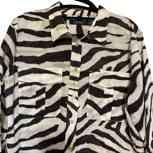 Lauren Ralph Lauren Courtenay Zebra Print Long Sleeve Button Up Shirt Size L - Picture 3 of 9